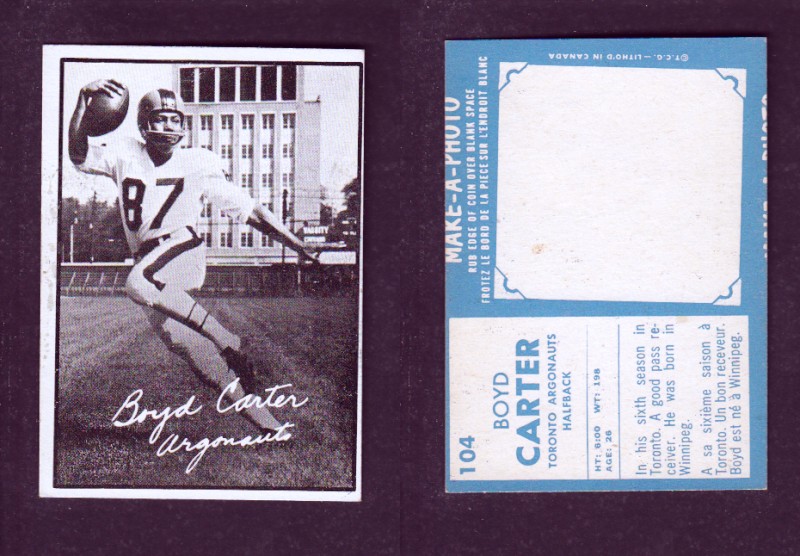 1961 CFL TOPPS FOOTBALL CARD #104 B. CARTER photo 1961 CFL TOPPS FOOTBALL CARD #104 B. CARTER photo
