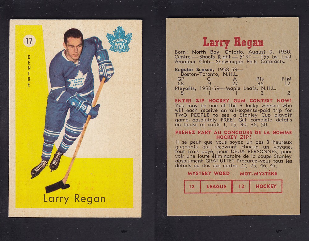 1959-60 PARKHURST HOCKEY CARD #17 L. REGAN photo 1959-60 PARKHURST HOCKEY CARD #17 L. REGAN photo
