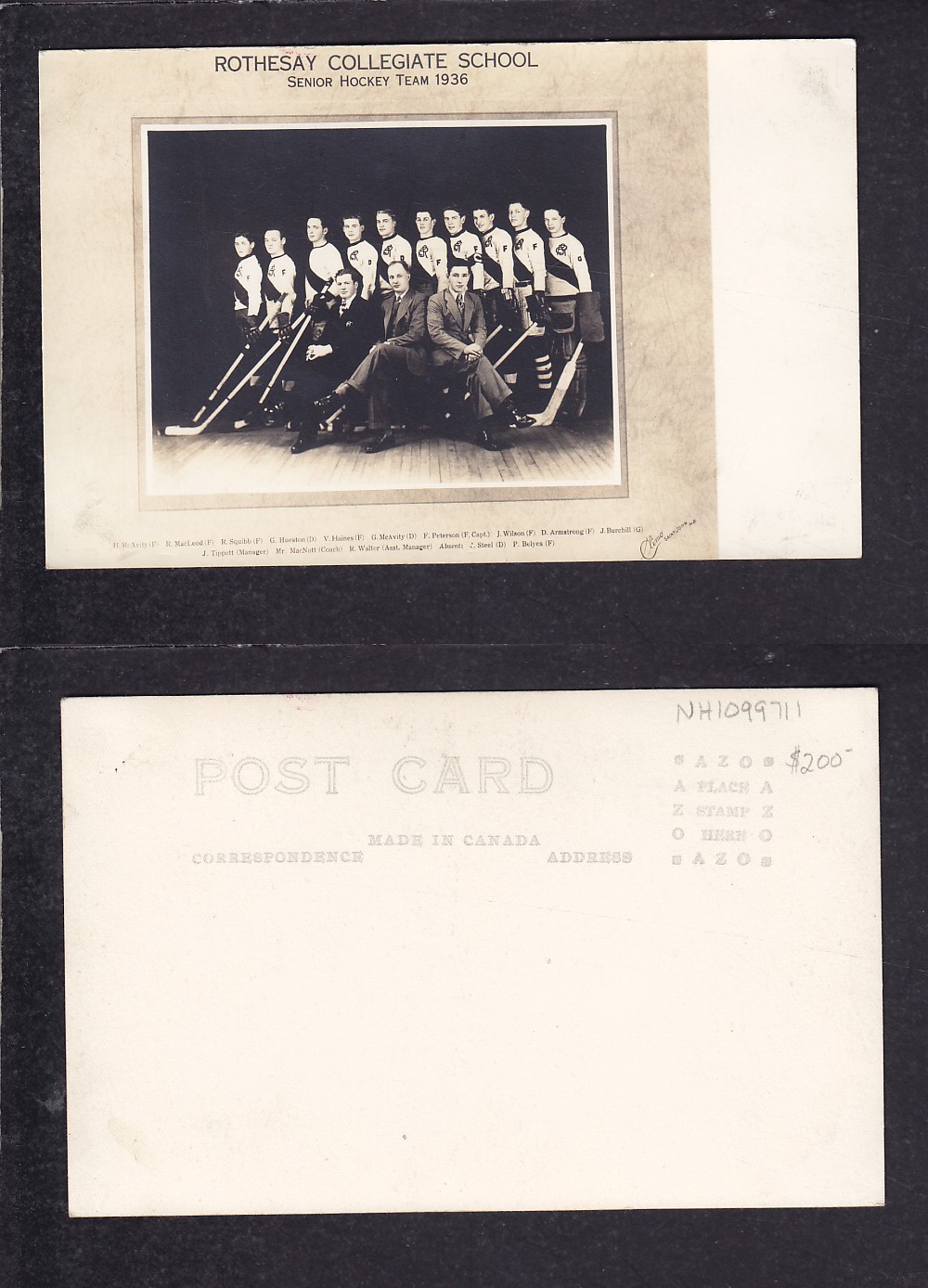 1936 ROTHESAY HOCKEY TEAM POST CARD photo 1936 ROTHESAY HOCKEY TEAM POST CARD photo