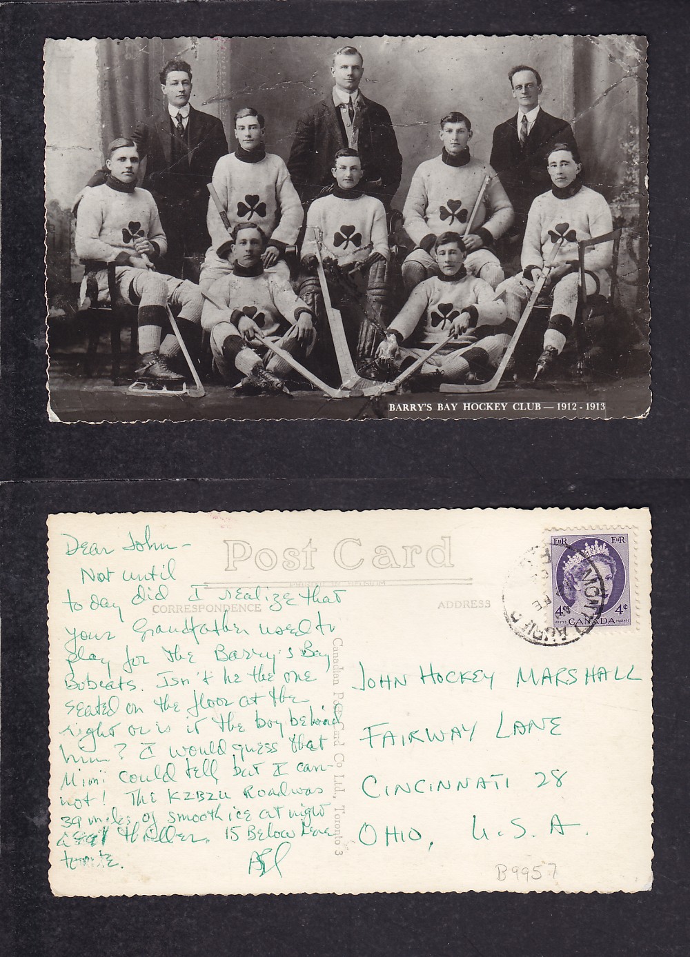 1912-13 BARRY'S BAY HOCKEY TEAM POST CARD photo 1912-13 BARRY'S BAY HOCKEY TEAM POST CARD photo