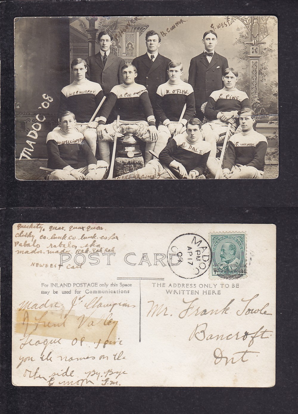 1908 MADOC HOCKEY TEAM POST CARD photo 1908 MADOC HOCKEY TEAM POST CARD photo