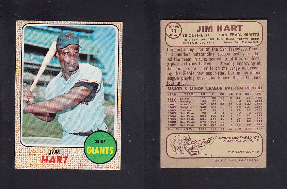 1968 O-PEE-CHEE BASEBALL CARD #73 J. HART photo 1968 O-PEE-CHEE BASEBALL CARD #73 J. HART photo