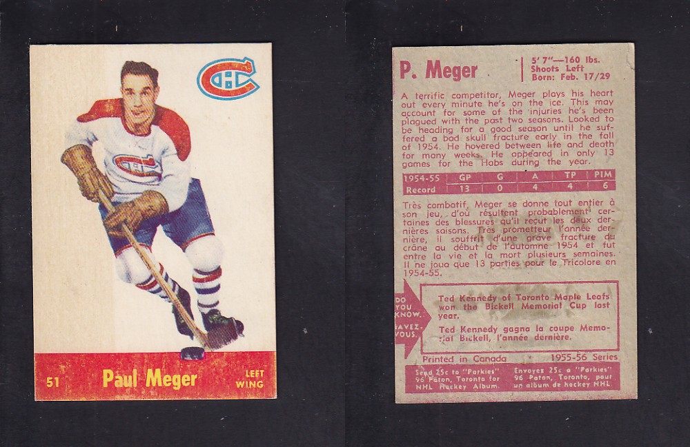 1955-56 PARKHURST HOCKEY CARD #51 P. MEGER photo 1955-56 PARKHURST HOCKEY CARD #51 P. MEGER photo