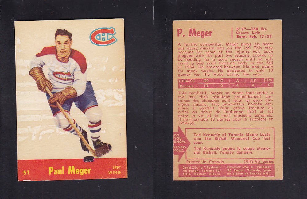1955-56 PARKHURST HOCKEY CARD #51 P. MEGER photo 1955-56 PARKHURST HOCKEY CARD #51 P. MEGER photo