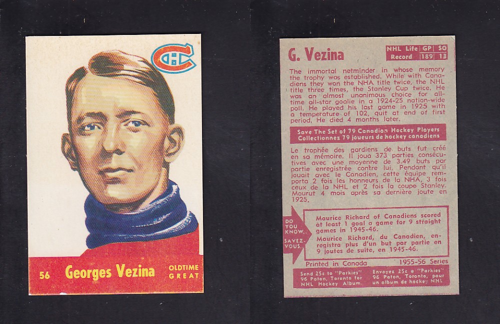 1955-56 PARKHURST HOCKEY CARD #56 G. VEZINA photo 1955-56 PARKHURST HOCKEY CARD #56 G. VEZINA photo