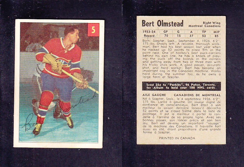 1954-55 PARKHURST HOCKEY CARD #5 B, OLMSTEAD photo 1954-55 PARKHURST HOCKEY CARD #5 B, OLMSTEAD photo