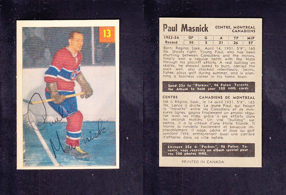 1954-55 PARKHURST HOCKEY CARD #13 P. MASNICK photo 1954-55 PARKHURST HOCKEY CARD #13 P. MASNICK photo