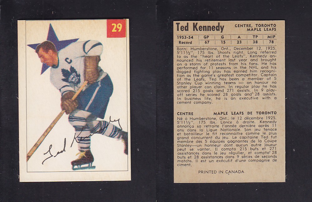 1954-55 PARKHURST HOCKEY CARD #29 T. KENNEDY photo 1954-55 PARKHURST HOCKEY CARD #29 T. KENNEDY photo