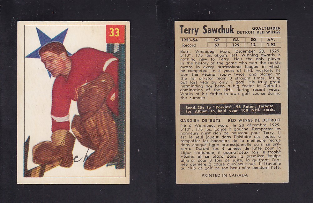 1954-55 PARKHURST HOCKEY CARD #33 T. SAWCHUK photo 1954-55 PARKHURST HOCKEY CARD #33 T. SAWCHUK photo