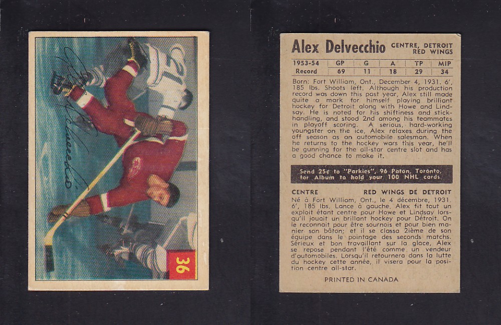 1954-55 PARKHURST HOCKEY CARD #36 A. DELVECCHIO photo 1954-55 PARKHURST HOCKEY CARD #36 A. DELVECCHIO photo