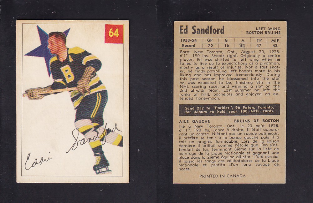 1954-55 PARKHURST HOCKEY CARD #64 E. SANDFORD photo 1954-55 PARKHURST HOCKEY CARD #64 E. SANDFORD photo