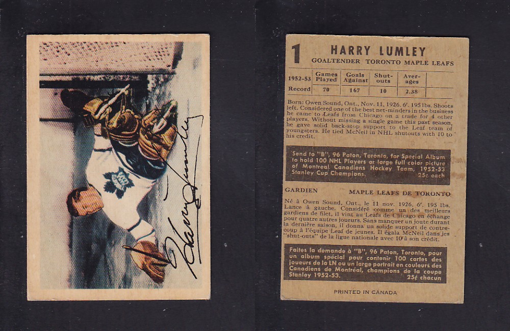 1953-54 PARKHURST HOCKEY CARD #1 H. LUMLEY photo 1953-54 PARKHURST HOCKEY CARD #1 H. LUMLEY photo
