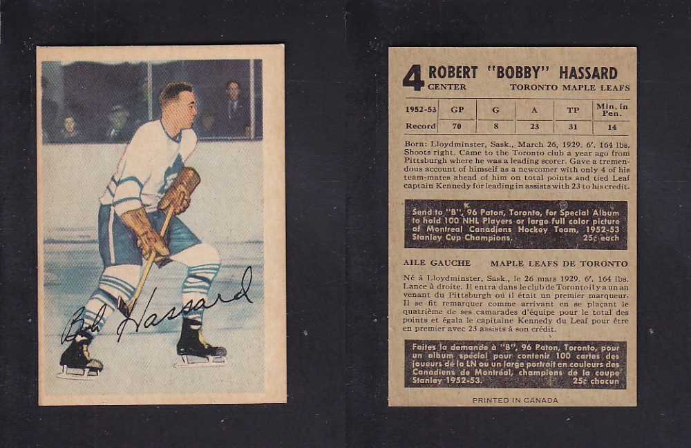 1953-54 PARKHURST HOCKEY CARD #4 B. HASSARD photo 1953-54 PARKHURST HOCKEY CARD #4 B. HASSARD photo