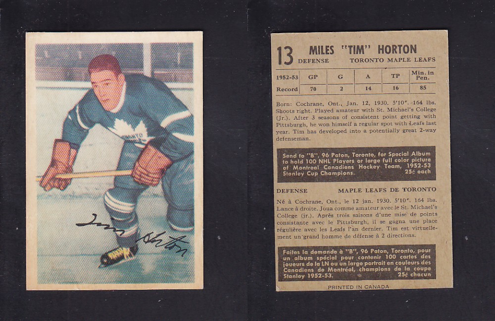 1953-54 PARKHURST HOCKEY CARD #13 T. HORTON photo 1953-54 PARKHURST HOCKEY CARD #13 T. HORTON photo