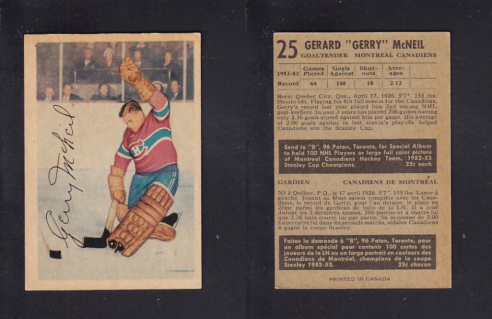1953-54 PARKHURST HOCKEY CARD #25 G. MCNEIL photo 1953-54 PARKHURST HOCKEY CARD #25 G. MCNEIL photo
