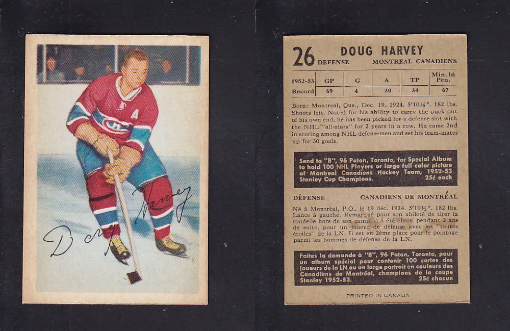1953-54 PARKHURST HOCKEY CARD #26 D. HARVEY photo 1953-54 PARKHURST HOCKEY CARD #26 D. HARVEY photo