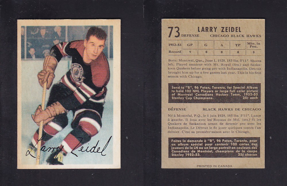 1953-54 PARKHURST HOCKEY CARD #73 L. ZEIDEL photo 1953-54 PARKHURST HOCKEY CARD #73 L. ZEIDEL photo