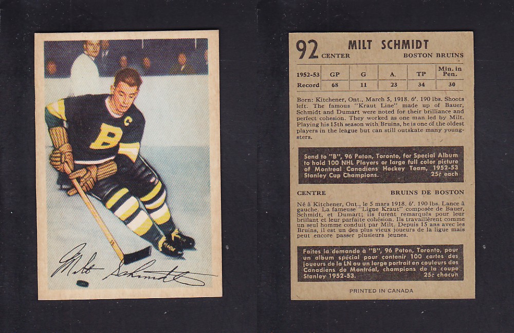 1953-54 PARKHURST HOCKEY CARD #92 M. SCHMIDT photo 1953-54 PARKHURST HOCKEY CARD #92 M. SCHMIDT photo