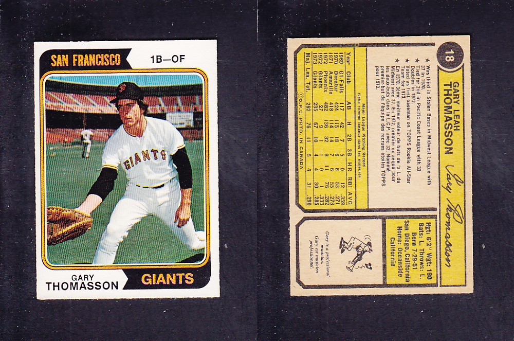 1974 O-PEE-CHEE BASEBALL CARD #19 G. THOMASSON photo