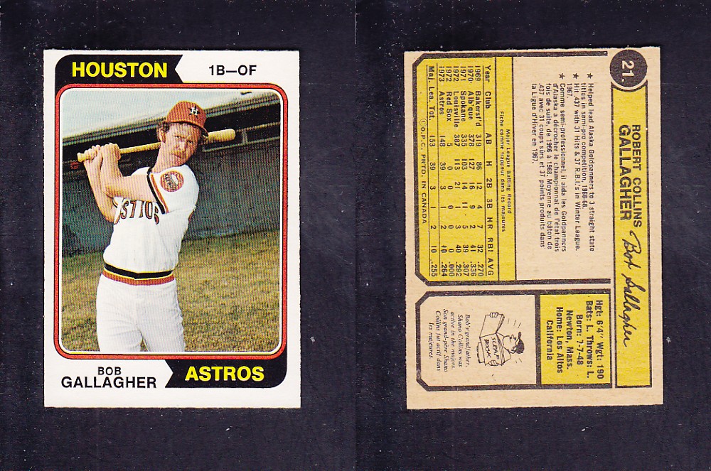 1974 O-PEE-CHEE BASEBALL CARD #21 B. GALLAGHER photo