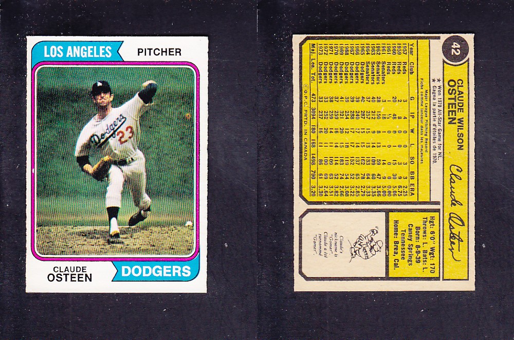 1974 O-PEE-CHEE BASEBALL CARD #42 C. OSTEEN photo 1974 O-PEE-CHEE BASEBALL CARD #42 C. OSTEEN photo