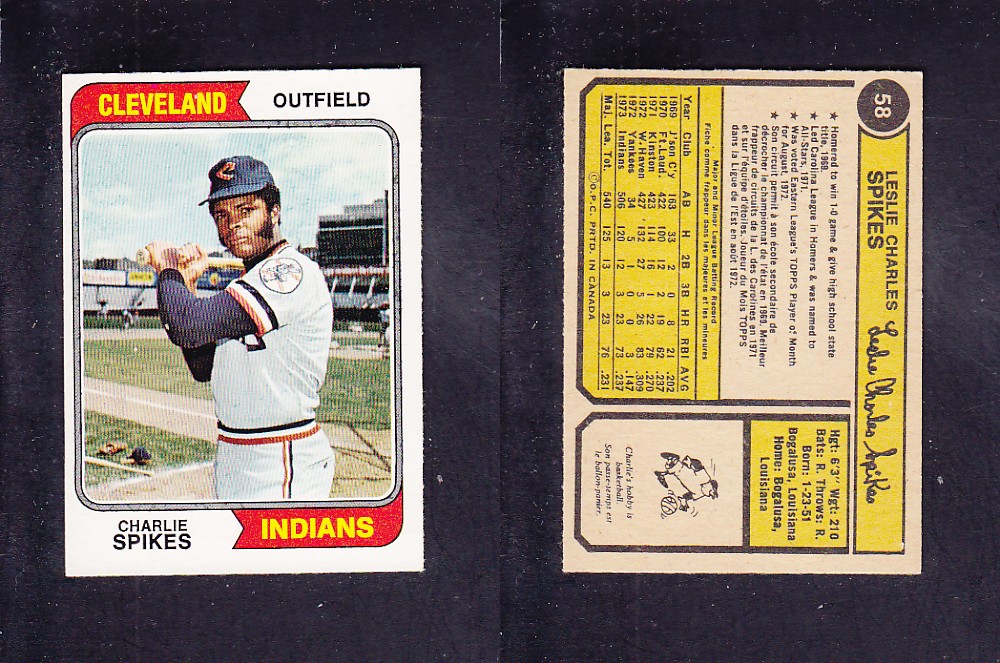 1974 O-PEE-CHEE BASEBALL CARD #58 C. SPIKES photo 1974 O-PEE-CHEE BASEBALL CARD #58 C. SPIKES photo