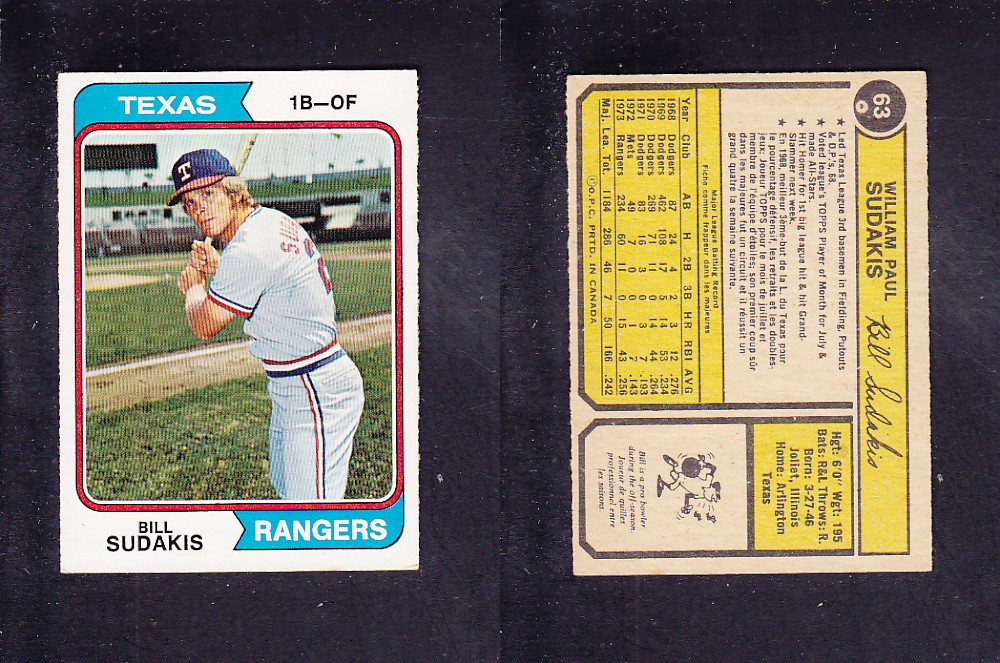 1974 O-PEE-CHEE BASEBALL CARD #63 B. SUDAKIS photo 1974 O-PEE-CHEE BASEBALL CARD #63 B. SUDAKIS photo