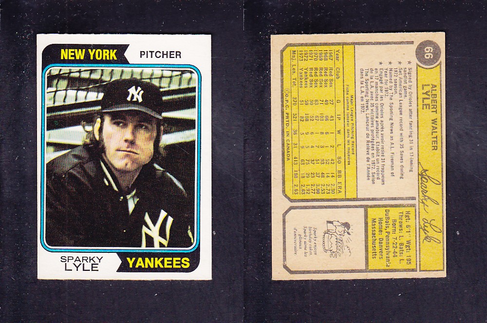 1974 O-PEE-CHEE BASEBALL CARD #66 S. LYLE photo 1974 O-PEE-CHEE BASEBALL CARD #66 S. LYLE photo