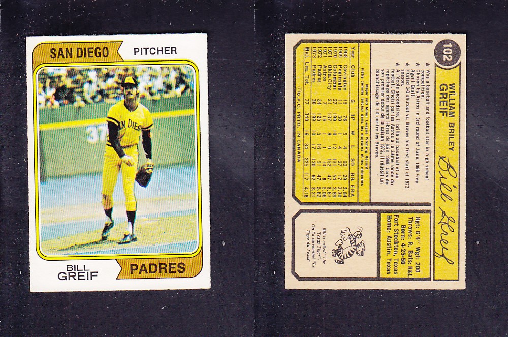 1974 O-PEE-CHEE BASEBALL CARD #102 B. GREIF photo 1974 O-PEE-CHEE BASEBALL CARD #102 B. GREIF photo