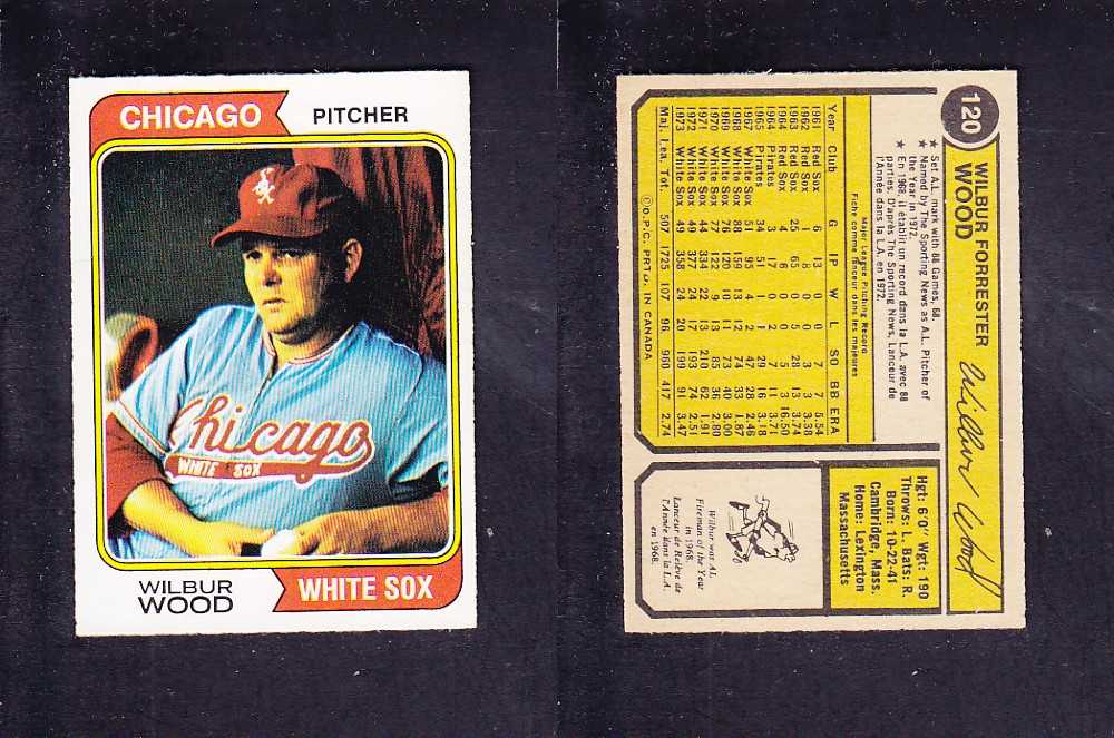 1974 O-PEE-CHEE BASEBALL CARD #120 W. WOOD photo 1974 O-PEE-CHEE BASEBALL CARD #120 W. WOOD photo