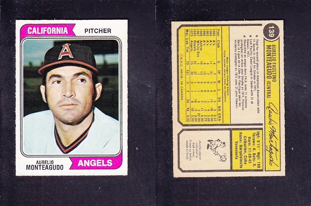 1974 O-PEE-CHEE BASEBALL CARD #139 A. MONTEAGUDO photo 1974 O-PEE-CHEE BASEBALL CARD #139 A. MONTEAGUDO photo