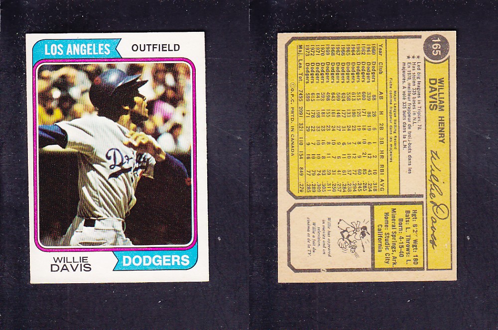 1974 O-PEE-CHEE BASEBALL CARD #165 W. DAVIS photo 1974 O-PEE-CHEE BASEBALL CARD #165 W. DAVIS photo