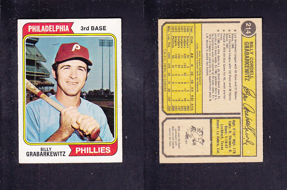 1974 O-PEE-CHEE BASEBALL CARD #214 B. GRABARKEWITZ photo
