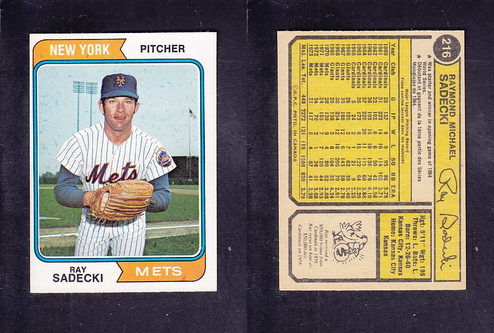 1974 O-PEE-CHEE BASEBALL CARD #216 R. SADECKI photo 1974 O-PEE-CHEE BASEBALL CARD #216 R. SADECKI photo
