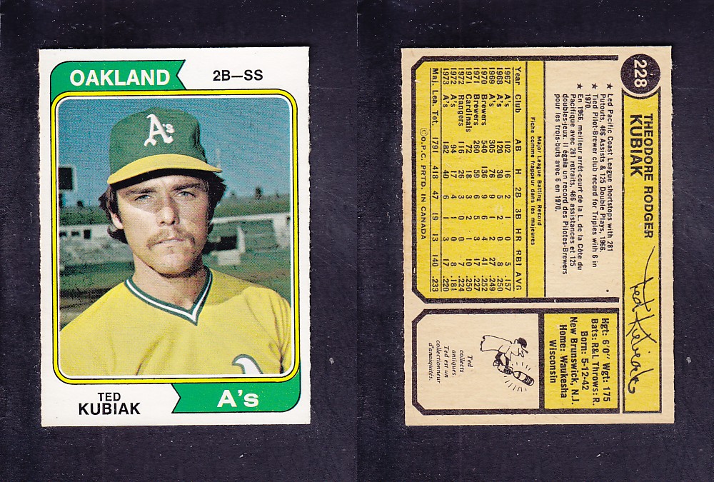 1974 O-PEE-CHEE BASEBALL CARD #228 T. KUBIAK photo 1974 O-PEE-CHEE BASEBALL CARD #228 T. KUBIAK photo