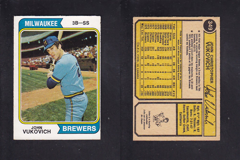 1974 O-PEE-CHEE BASEBALL CARD #349 J. VUKOVICH photo 1974 O-PEE-CHEE BASEBALL CARD #349 J. VUKOVICH photo