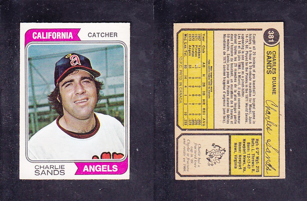 1974 O-PEE-CHEE BASEBALL CARD #381 C. SANDS photo 1974 O-PEE-CHEE BASEBALL CARD #381 C. SANDS photo
