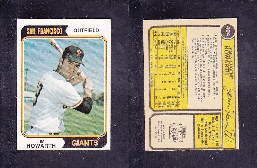 1974 O-PEE-CHEE BASEBALL CARD #404 J. HOWARTH photo 1974 O-PEE-CHEE BASEBALL CARD #404 J. HOWARTH photo