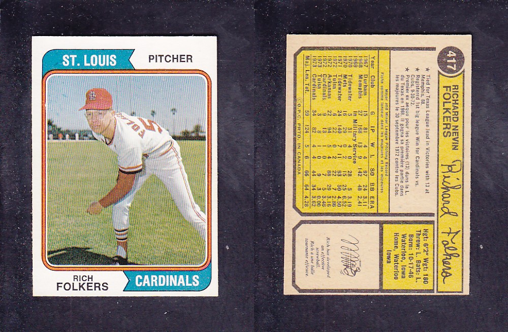 1974 O-PEE-CHEE BASEBALL CARD #417 R. FOLKERS photo 1974 O-PEE-CHEE BASEBALL CARD #417 R. FOLKERS photo