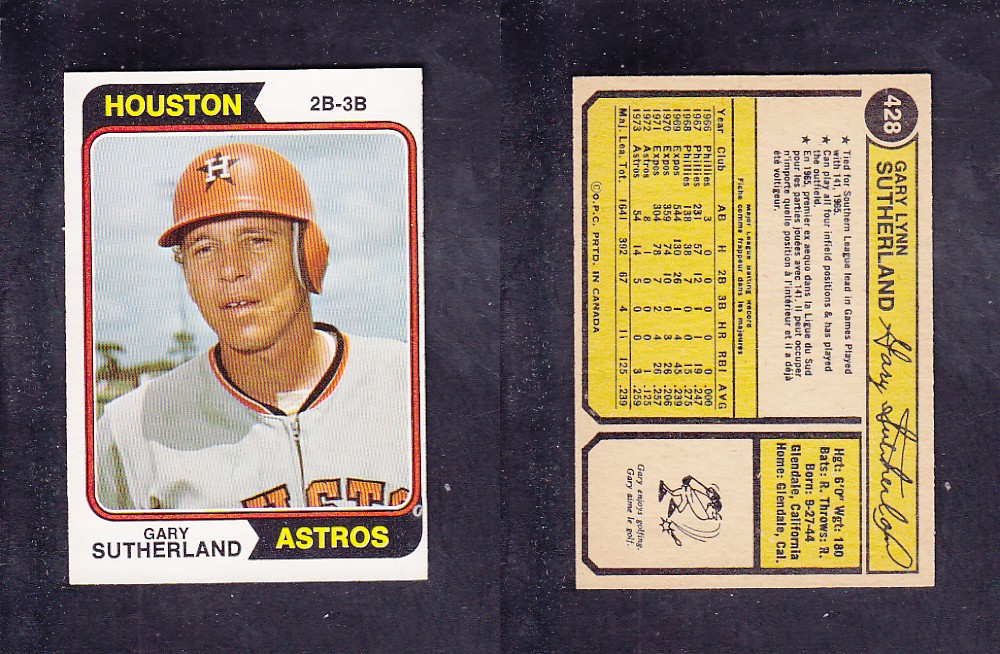 1974 O-PEE-CHEE BASEBALL CARD #428 G. SUTHERLAND photo 1974 O-PEE-CHEE BASEBALL CARD #428 G. SUTHERLAND photo