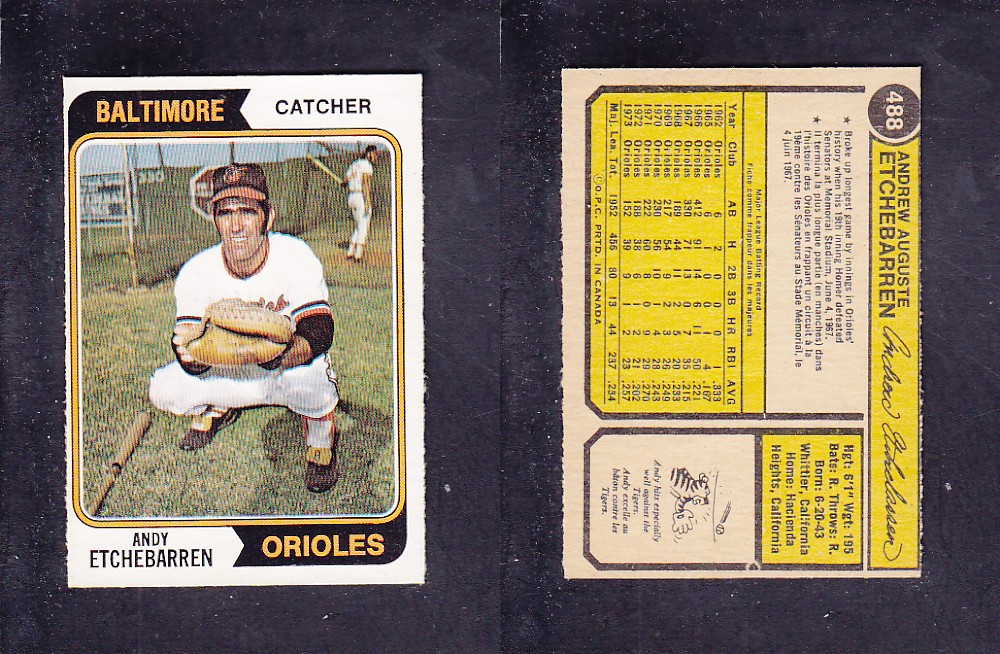 1974 O-PEE-CHEE BASEBALL CARD #488 A. ETCHEBARREN photo 1974 O-PEE-CHEE BASEBALL CARD #488 A. ETCHEBARREN photo