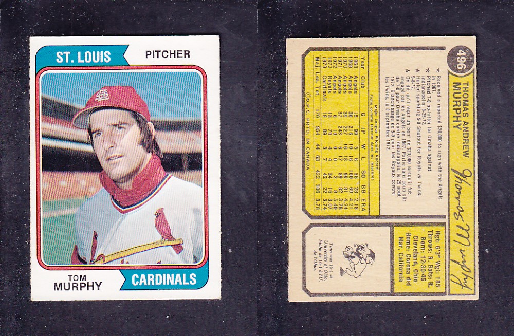 1974 O-PEE-CHEE BASEBALL CARD #496 T. MURPHY photo