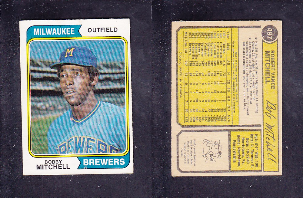 1974 O-PEE-CHEE BASEBALL CARD #497 B. MITCHELL photo