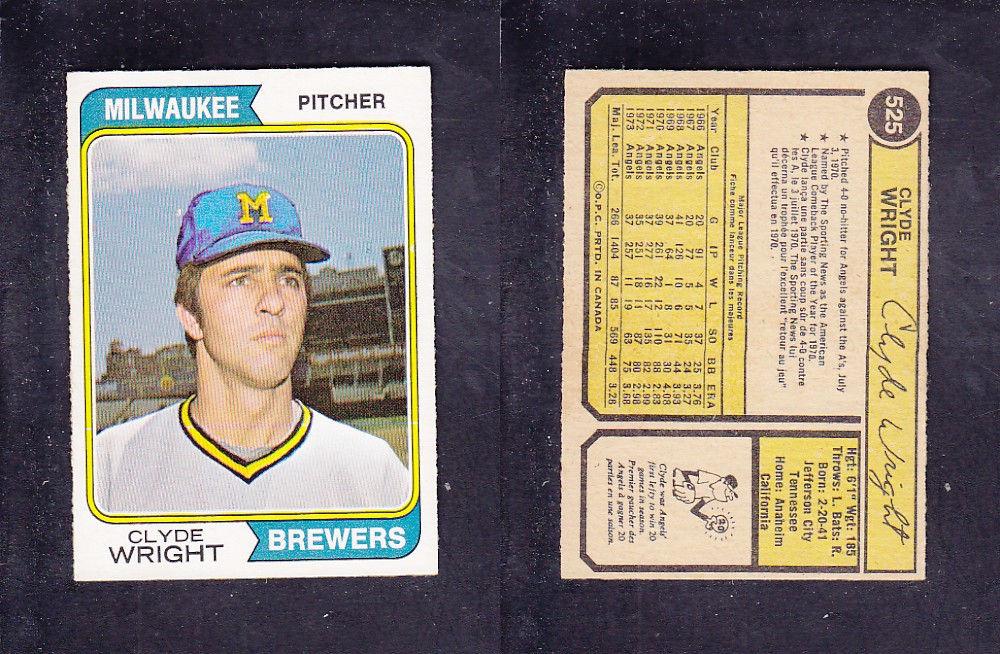 1974 O-PEE-CHEE BASEBALL CARD #525 C. WRIGHT photo 1974 O-PEE-CHEE BASEBALL CARD #525 C. WRIGHT photo