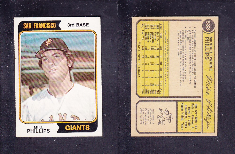 1974 O-PEE-CHEE BASEBALL CARD #533 M. PHILLIPS photo 1974 O-PEE-CHEE BASEBALL CARD #533 M. PHILLIPS photo