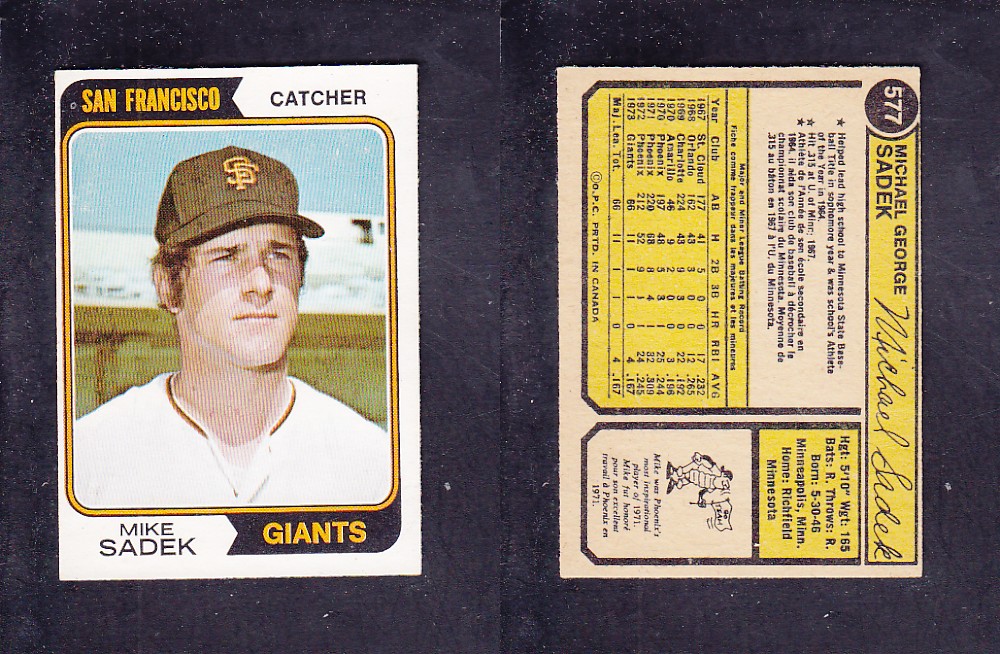1974 O-PEE-CHEE BASEBALL CARD #577 M. SADEK photo 1974 O-PEE-CHEE BASEBALL CARD #577 M. SADEK photo