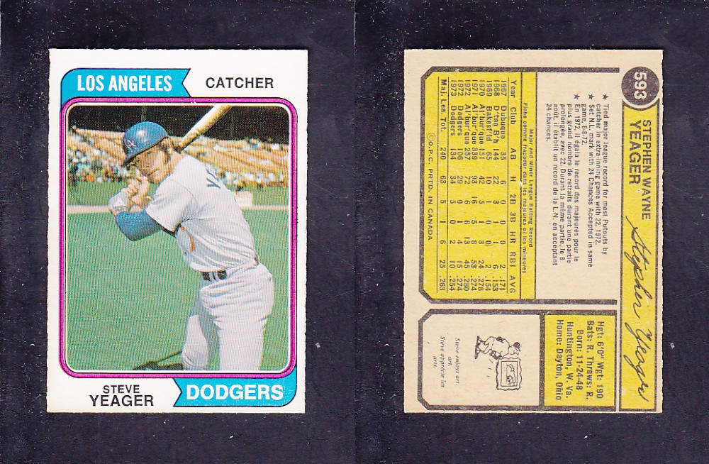 1974 O-PEE-CHEE BASEBALL CARD #593 S. YEAGER photo 1974 O-PEE-CHEE BASEBALL CARD #593 S. YEAGER photo