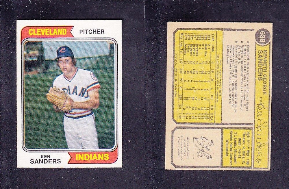 1974 O-PEE-CHEE BASEBALL CARD #638 K. SANDERS photo