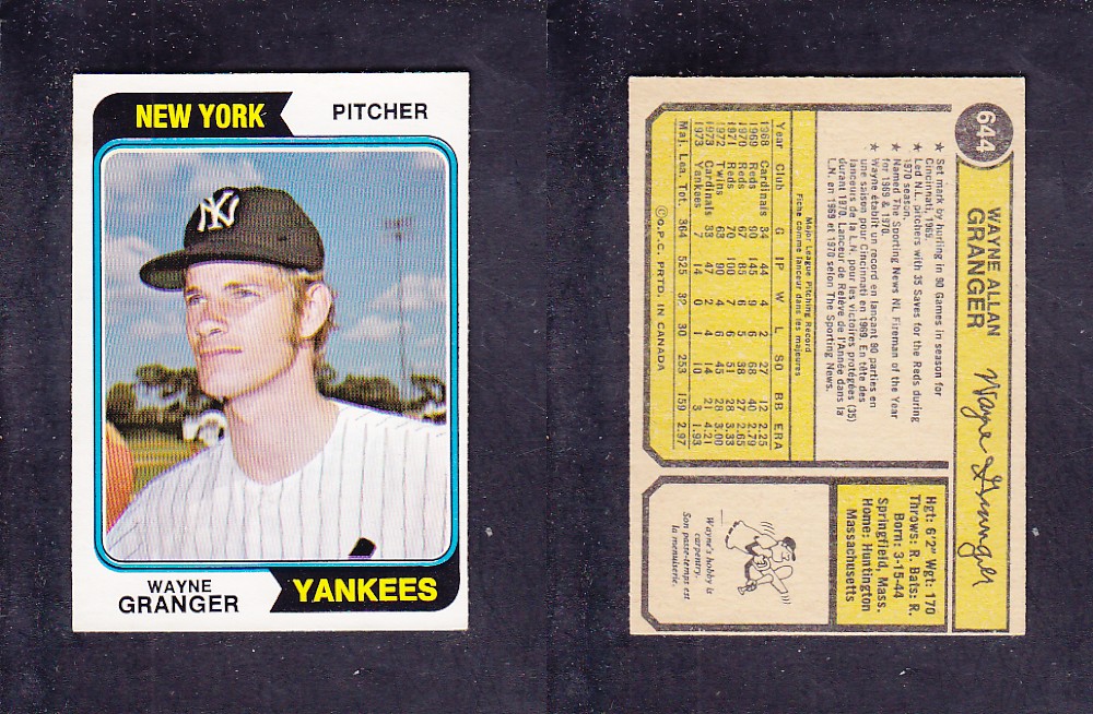 1974 O-PEE-CHEE BASEBALL CARD #644 W. GRANGER photo 1974 O-PEE-CHEE BASEBALL CARD #644 W. GRANGER photo