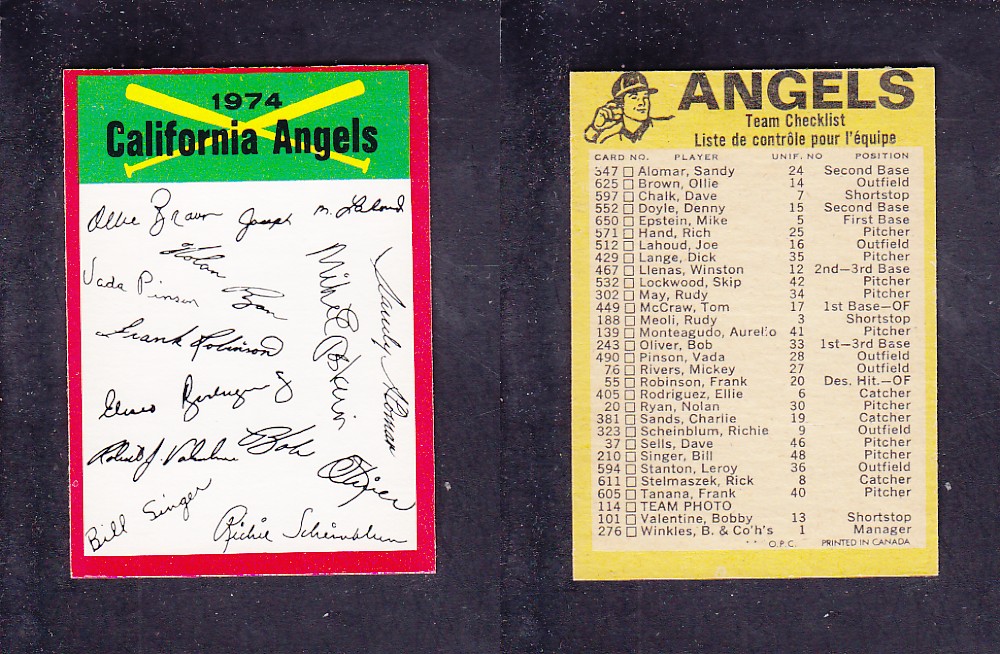 1974 O-PEE-CHEE BASEBALL CARD TEAM CHECKLIST CALIFORNIA ANGELS photo 1974 O-PEE-CHEE BASEBALL CARD TEAM CHECKLIST CALIFORNIA ANGELS photo
